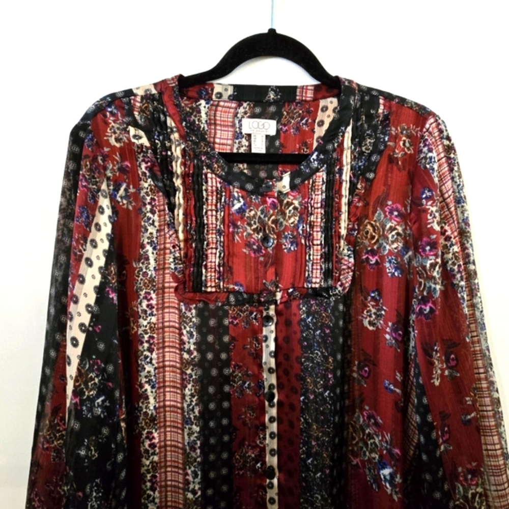 LOGO Lagonlook Shear Hi-Low Button Down Tunic Print Blouse - Picture 3 of 9
